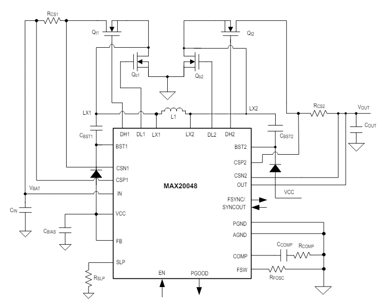 Applikations-Schaltungsdiagramm - Analog Devices Inc. MAX20048 H-Brücken-Auf-/Abwärtsregler